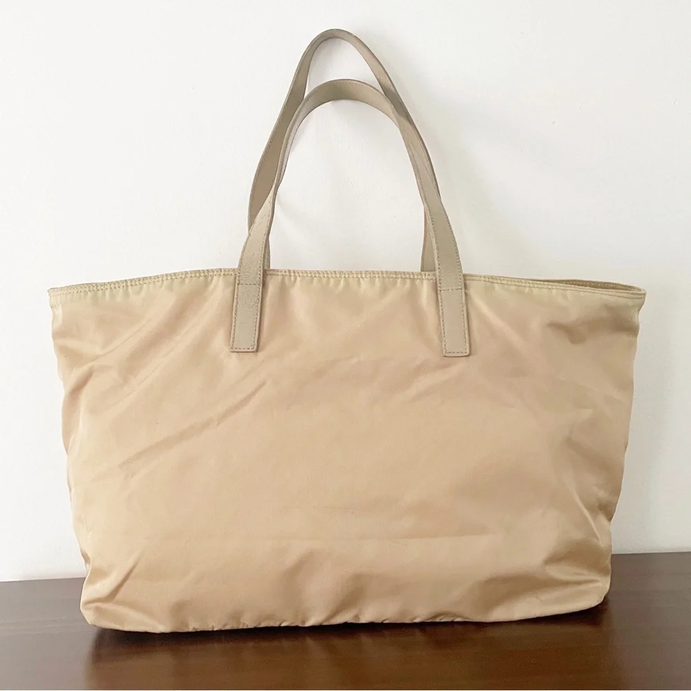 Prada tan Tessuto nylon and leather triangle logo shoulder tote bag